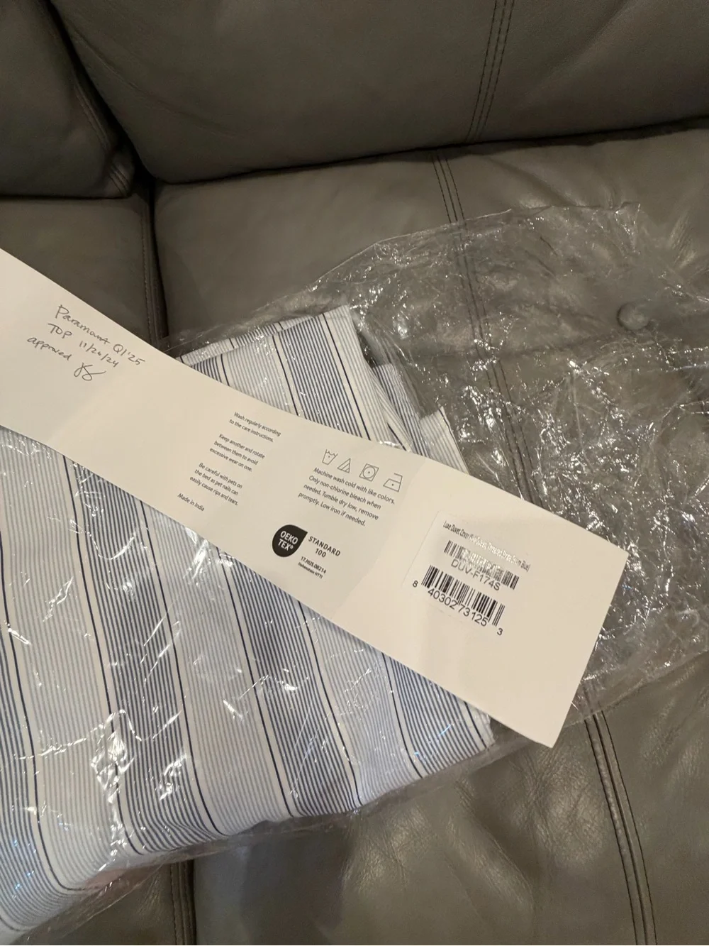 Brooklinen Luxe Sateen Threaded Stripe Duvet Cover in Storm Blue and White